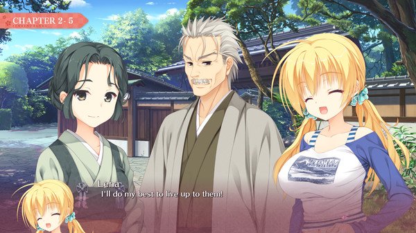 Screenshot from Senren*Banka showing four characters standing outdoors, with dialogue visible at the bottom of the screen.
