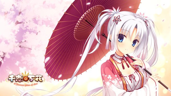 A screenshot from Senren*Banka showing a character holding a red parasol, surrounded by pink cherry blossoms in a serene setting.