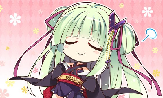 Screenshot from Senren*Banka showing a chibi character with green hair styled in twin tails, smiling peacefully against a pink floral backdrop.
