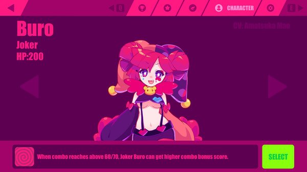Muse Dash screenshot featuring the character Buro, known as Joker. Text indicates HP:200 and combo bonus score information.
