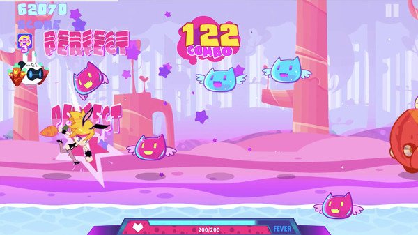 Muse Dash screenshot: A character attacks flying cat enemies in a colorful, pink-themed stage with a 122 combo displayed.