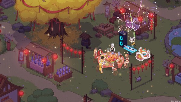 Screenshot from Love n Life: Happy Student showing a festive outdoor party with food, lanterns, and fireworks under a large tree.