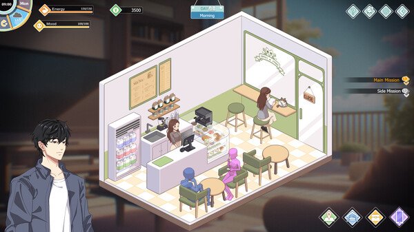 Screenshot from Love n Life: Happy Student showing a cafe scene with characters sitting and a counter with food.