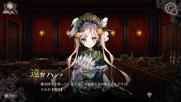 Screenshot from Magical Girl Witch Trials showing a character in a green dress and floral hat speaking in a dimly lit room.