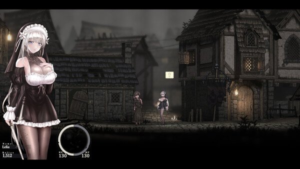 SiNiSistar 2 screenshot: A maid character stands in a dark medieval village with houses, NPCs, and glowing lights visible.