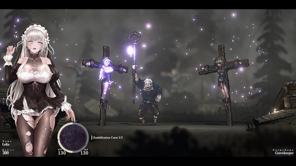 Screenshot from SiNiSistar 2 featuring a character in a maid outfit with two figures on crosses and a figure wielding a glowing staff.