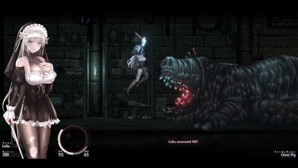 SiNiSistar 2 screenshot: A character leaps towards a giant pig in a dark dungeon, with stats displayed on the screen.