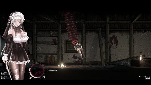 Screenshot from SiNiSistar 2 showing a character in a maid outfit in a dimly lit, eerie room with candles and bloodstains.