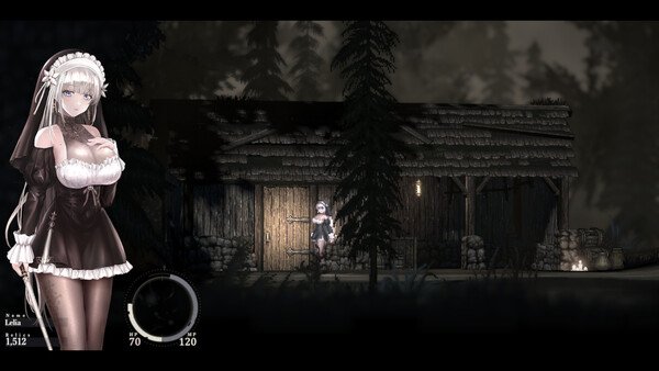 Screenshot from SiNiSistar 2: A character stands in front of a dimly lit wooden cabin surrounded by trees at night.