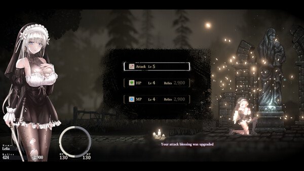 Screenshot from SiNiSistar 2 showing a character in a maid outfit next to a statue, with level stats displayed.