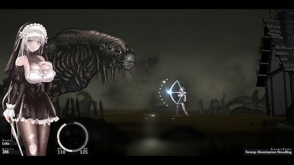 Screenshot from SiNiSistar 2 showing a character in a maid outfit facing a large swamp creature in a dark, eerie setting.