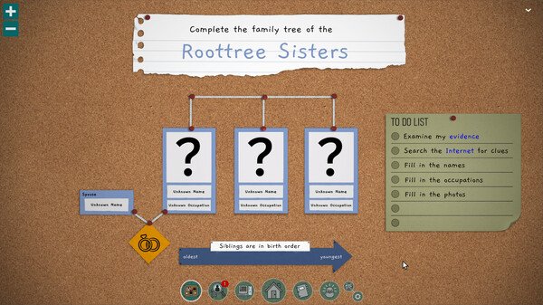 Screenshot of "The Roottrees are Dead" showing a family tree puzzle with three unknown names and a to-do list on a corkboard.