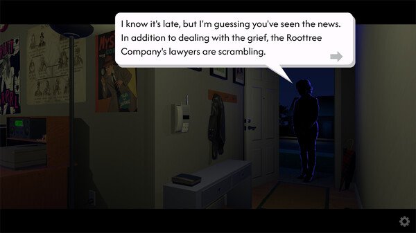 Screenshot from "The Roottrees are Dead" showing a silhouetted figure entering a dimly lit room, with dialogue about news and lawyers.