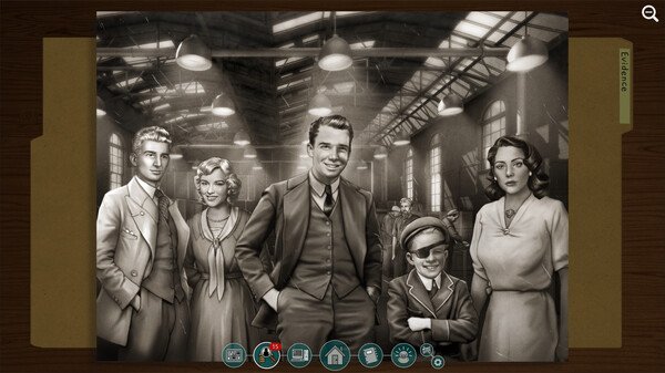 Screenshot from "The Roottrees are Dead" showing a sepia-toned photo of five people in formal attire inside a vintage factory setting.