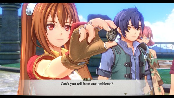 Screenshot of Trails in the Sky 1st Chapter showing Estelle holding an emblem, with dialogue and characters in a scenic outdoor setting.