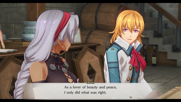 Screenshot from Trails in the Sky 1st Chapter showing two characters, Olivier and Scherazard, conversing in a rustic setting.