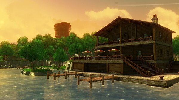 Screenshot from Trails in the Sky 1st Chapter showing a lakeside wooden building with docks, trees, and a distant stone tower at sunset.