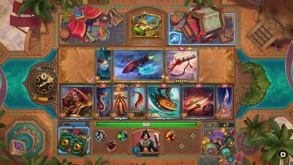 Screenshot of 'The Bazaar': game board showing various cards, including weapons and characters, surrounded by tropical decorations.