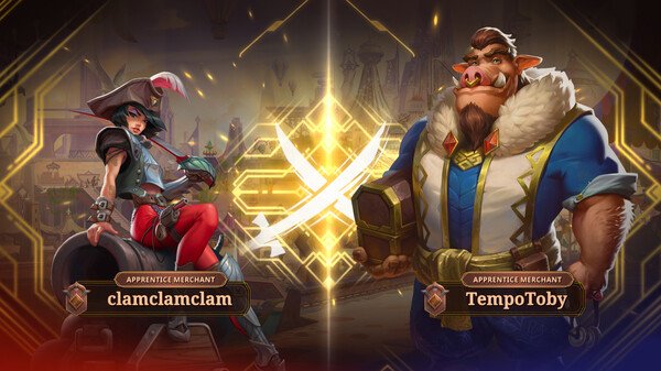 Screenshot from "The Bazaar" shows Apprentice Merchants clamclamclam and TempoToby facing off in a vibrant, ornate setting.