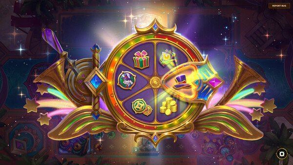 Screenshot from 'The Bazaar' showing a colorful prize wheel with various icons, including gifts and coins, on display.
