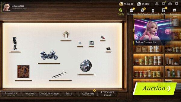 BidKing screenshot: A virtual auction house displays items like a motorcycle, artwork, and jewelry, with an auction button visible.