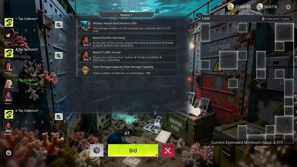 BidKing screenshot: Underwater-themed auction interface with players' bids, items, and total collection codes displayed.