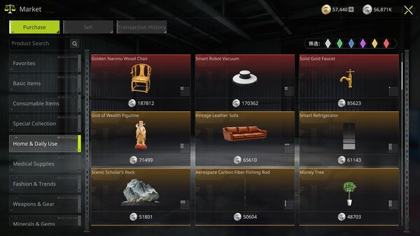 Screenshot from BidKing showing a marketplace with various items like furniture and decor, each with their price displayed.