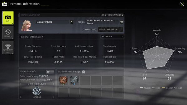 Screenshot of BidKing showing player's profile, including stats like profit ratio, wealth, and gameplay score.