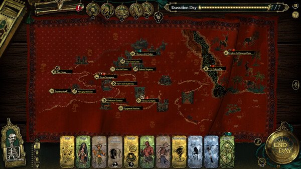 Screenshot of Sultan's Game showing a detailed red map with marked locations and character cards at the bottom of the screen.