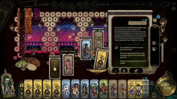 Screenshot from Sultan's Game showing tarot cards and dialogue box discussing House of Delights, with an 'End Day' button visible.