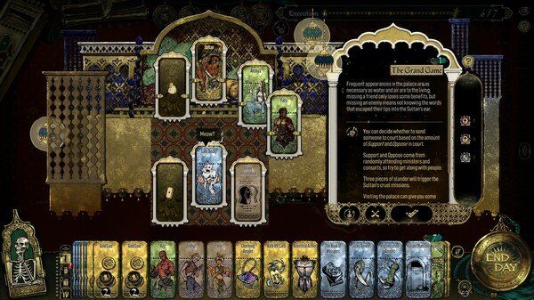 Screenshot from Sultan's Game showing various character cards and dialogue options on an ornate, medieval-themed interface.