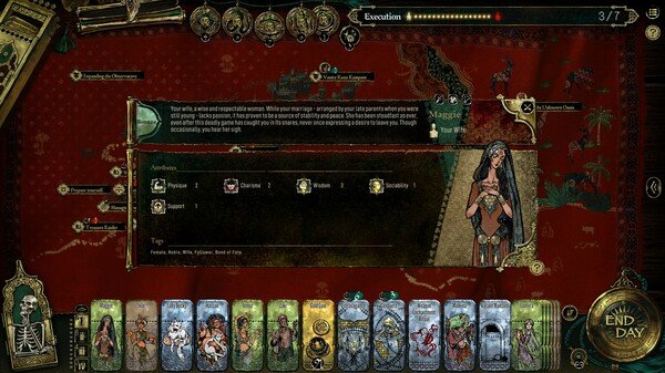 Sultan's Game screenshot: Character Maggie is visible on the right, with various game cards displayed at the bottom.