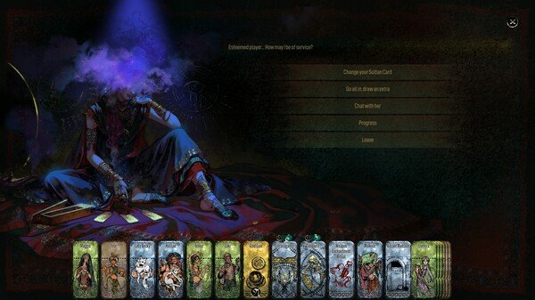 Sultan's Game screenshot: A mystical figure seated with cards spread out, game menu options visible on the right.