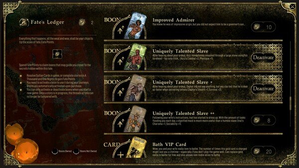 Screenshot of Sultan's Game showing Fate's Ledger menu with cards and descriptions for various 'Uniquely Talented Slave' options.