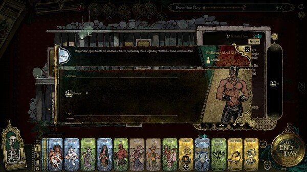 Screenshot of Sultan's Game showing a character card for a 'Philosophical Madman' with various stats and abilities visible.