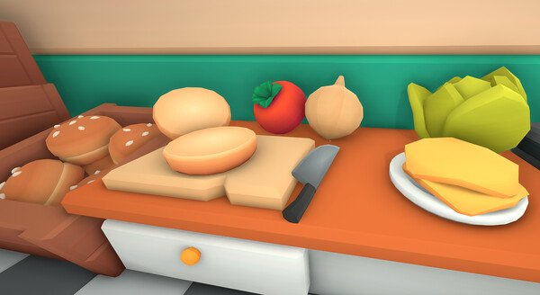 Screenshot from Burgie's Cozy Kitchen showing burger buns, a knife, vegetables, and cheese slices on a kitchen counter.