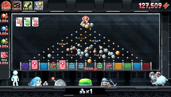 Fortune Mill screenshot: A pyramid of spheres, various creatures, and power-ups displayed. Points and progress are visible onscreen.