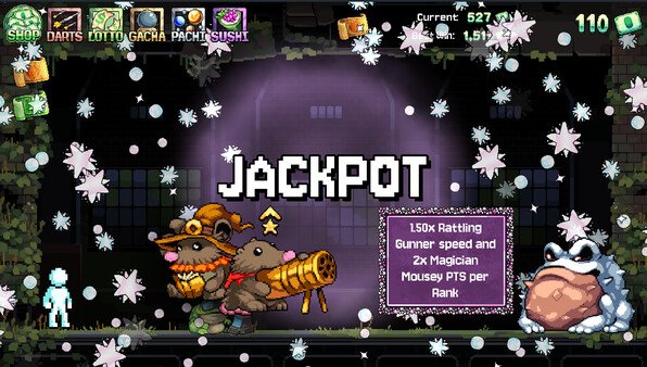 Fortune Mill screenshot: Two mice with a cannon and a frog, surrounded by confetti, as "JACKPOT" text appears on the screen.