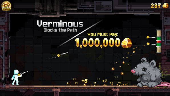Fortune Mill screenshot: A player character faces a large rat named Verminous, with a gold payment of 1,000,000 required to proceed.