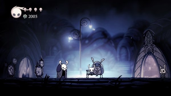 Screenshot from Hollow Knight showing the Knight interacting with an NPC in a dimly lit village setting.