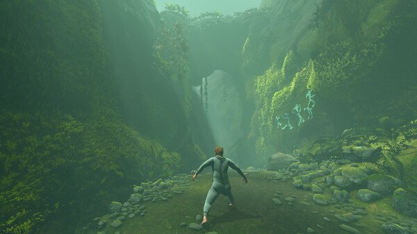 Screenshot from Baby Steps showing a character in a gray jumpsuit walking through a lush, green canyon with glowing symbols.