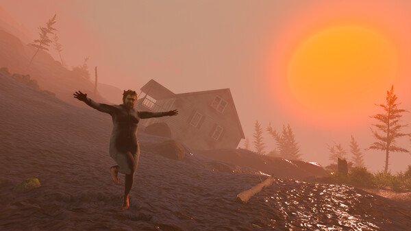 Screenshot from Baby Steps game shows a character stumbling downhill near a tilted house, with a vibrant sunset in the background.