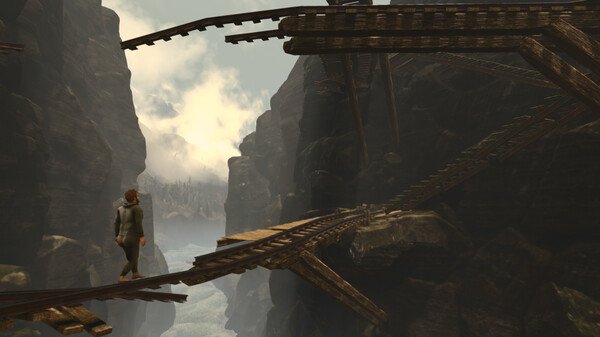 Screenshot from Baby Steps showing a character walking on a narrow, broken bridge over a foggy canyon surrounded by cliffs.