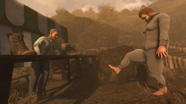 Screenshot from Baby Steps: A man in pajamas lifts his leg near a table with shoes, while another man watches in a rocky, outdoor setting.