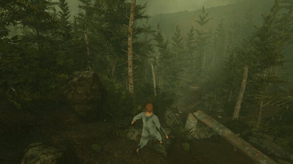 Screenshot from Baby Steps showing a character carefully walking down a steep, forested slope surrounded by tall trees.