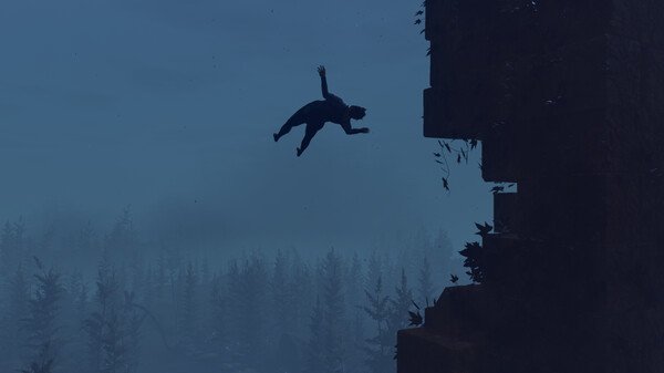 Screenshot from Baby Steps showing a character mid-air after leaping from a cliff, with a misty forest backdrop.