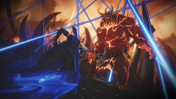 Screenshot from Solo Leveling: ARISE OVERDRIVE showing a warrior attacking a fiery demon amid glowing blue energy beams.