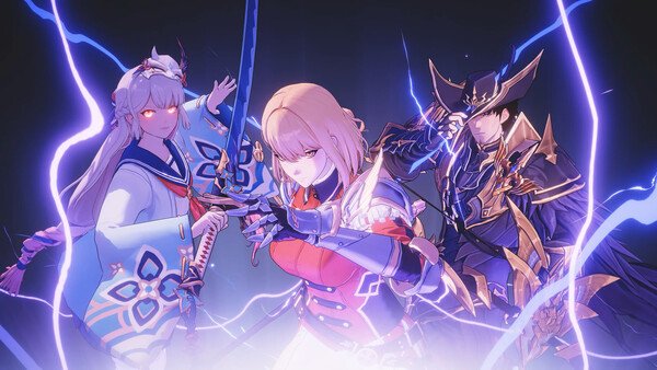 Screenshot from Solo Leveling: ARISE OVERDRIVE showing three characters in dynamic poses surrounded by glowing effects.