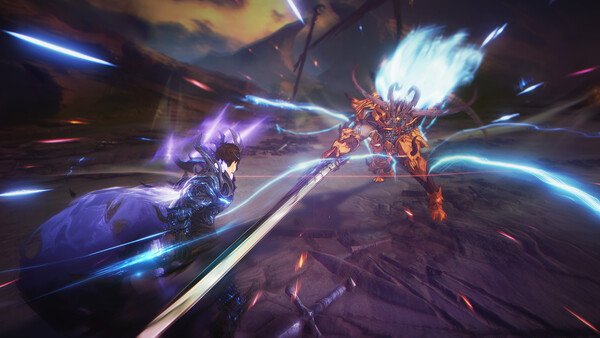Screenshot from Solo Leveling: ARISE OVERDRIVE showing a dynamic battle between two armored characters with glowing weapons and effects.