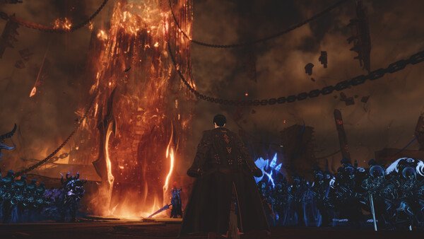 A screenshot from Solo Leveling: ARISE OVERDRIVE showing a cloaked character facing a fiery tower surrounded by chains and enemies.